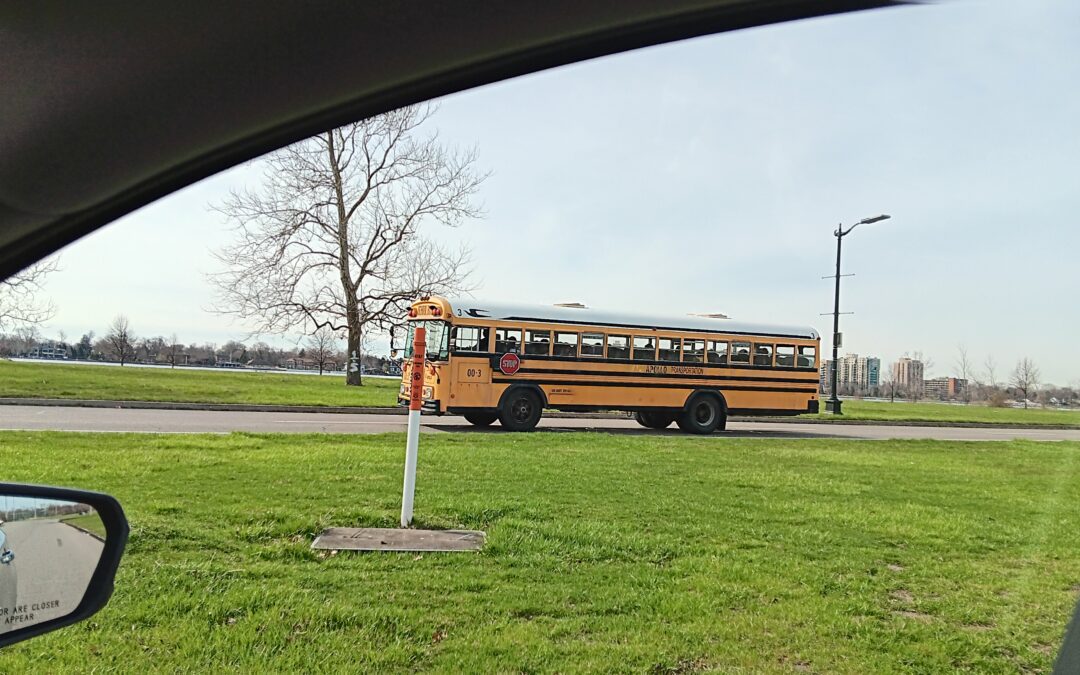 A yellow school bus drives students from the James and Grace Lee Boggs School to a field trip on Belle Isle in Detroit Michigan. There is a bright green lawn and the photo is being taken from a car window.