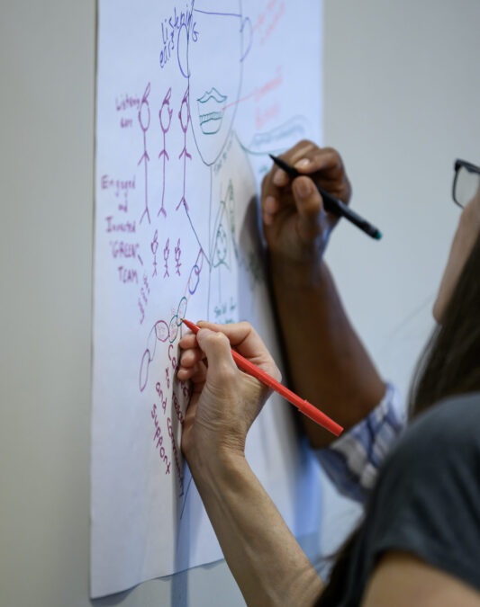 Teachers and administrators contribute to a 'Portrait of a Place-Based Educator' at the SEMIS Coalition Summer Institute in July 2024.