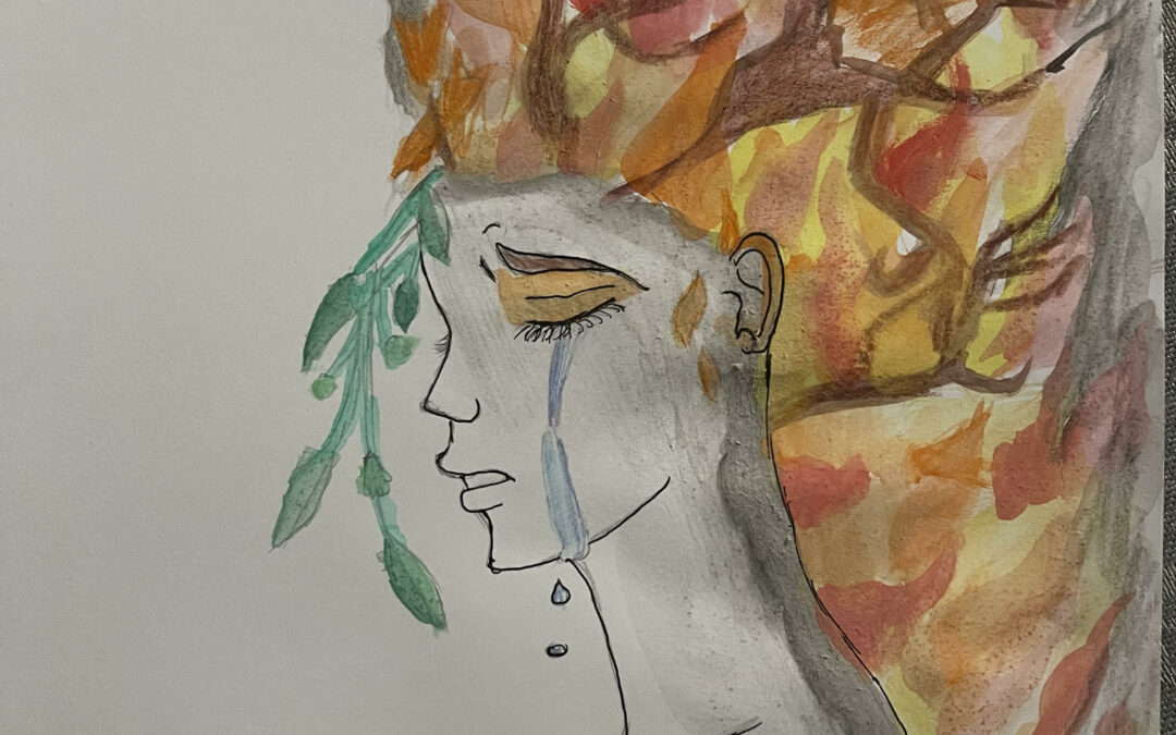 students painting of mother earth on fire crying and clutching a baby animal that is also crying.