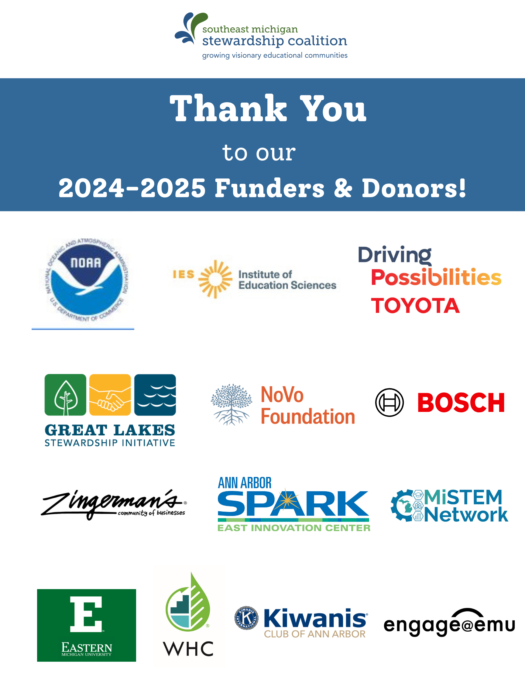 Thank you to our funders and donors. This lists them out.