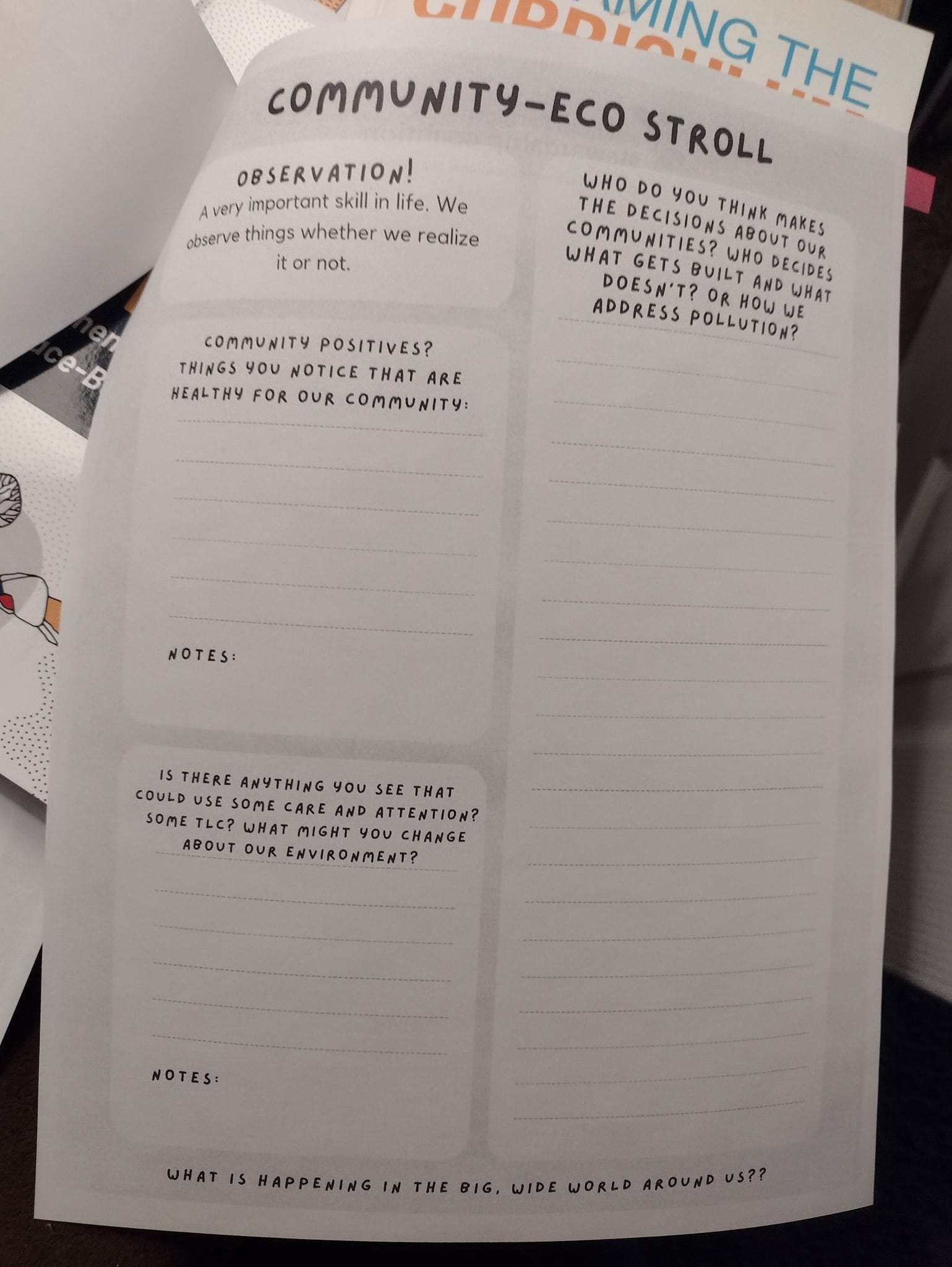 This image shows a worksheet with 3 categories and questions about the surrounding environment. One question asks if the learner knows who in the community gets to make decisions. 