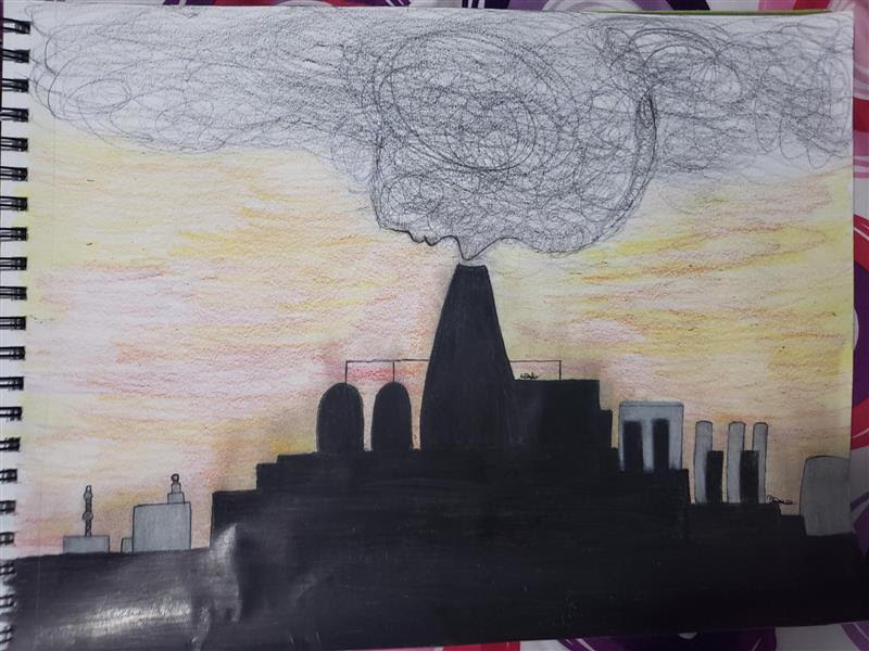 students art work depicting a dark cityscape emitting a large cloud of smog into the sky.