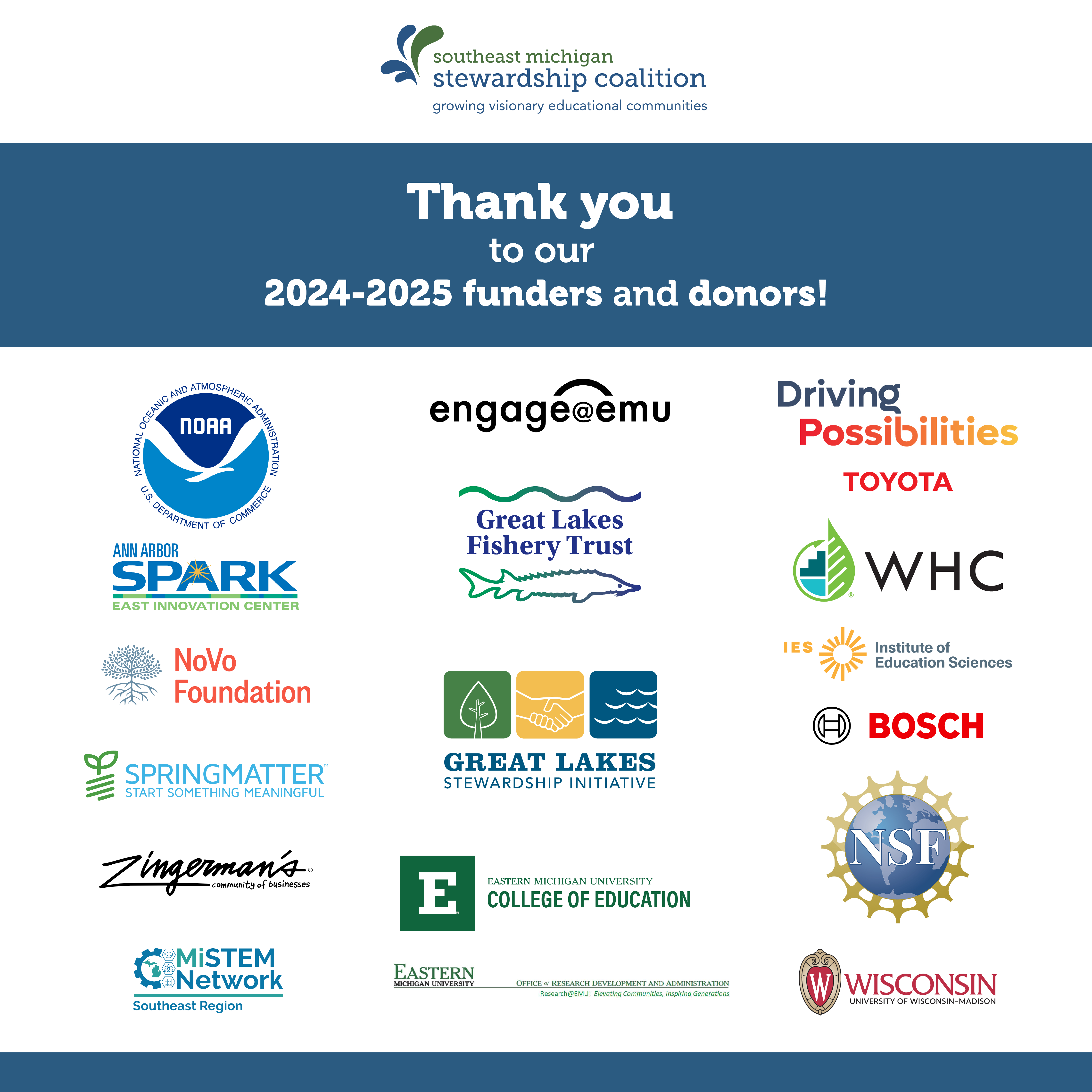 This includes a white background with a blue stripe under our green and blue logo. It says "Thank you to our 2024-2025 funders and donors! 15 funders being acknowledged each have their logo displayed here.