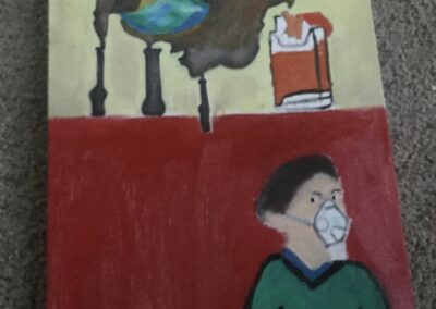 students painting of a masked man underneath a pack of cigarettes and smog enveloping the planet