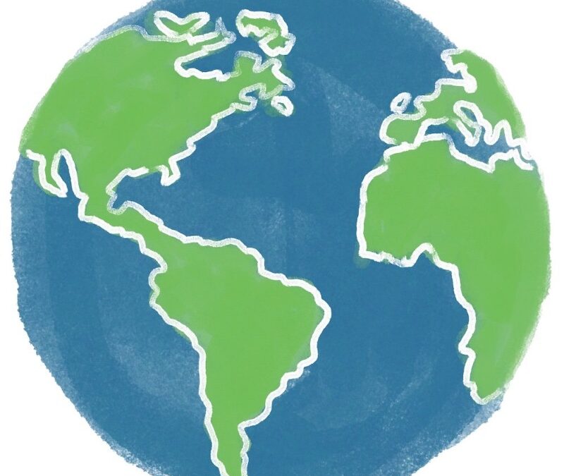 The Planet Earth depicted as an illustration, with blue water and green land on a white background