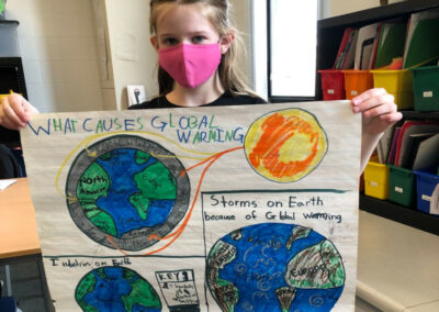 Photo of the author holding a poster titled "What Causes Global Warming"