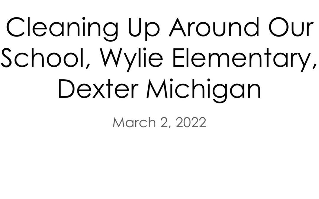 First slide form a presentation titled "Cleaning Up Around Our School, Wylie Elementary, Dexter Michigan"